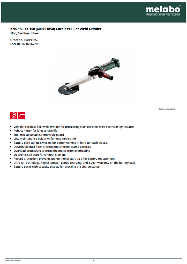 Metabo KNS 18 LTX 150 Cordless Fillet Weld Grinder – 600191850 ...